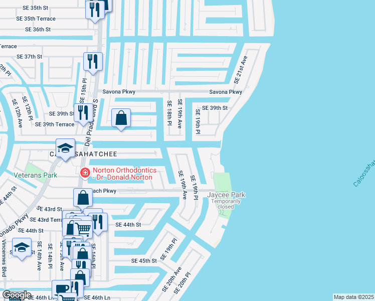 map of restaurants, bars, coffee shops, grocery stores, and more near 1927 Southeast 40th Terrace in Cape Coral
