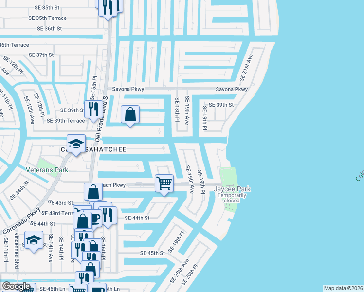 map of restaurants, bars, coffee shops, grocery stores, and more near C Vista Drive in Cape Coral