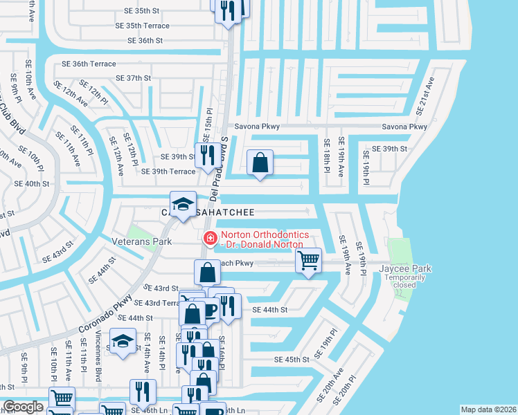 map of restaurants, bars, coffee shops, grocery stores, and more near 1645 Southeast 40th Terrace in Cape Coral