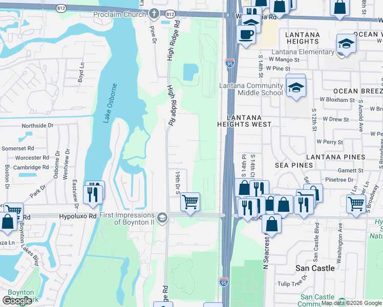 map of restaurants, bars, coffee shops, grocery stores, and more near 6701 Hillside Lane in Lake Worth