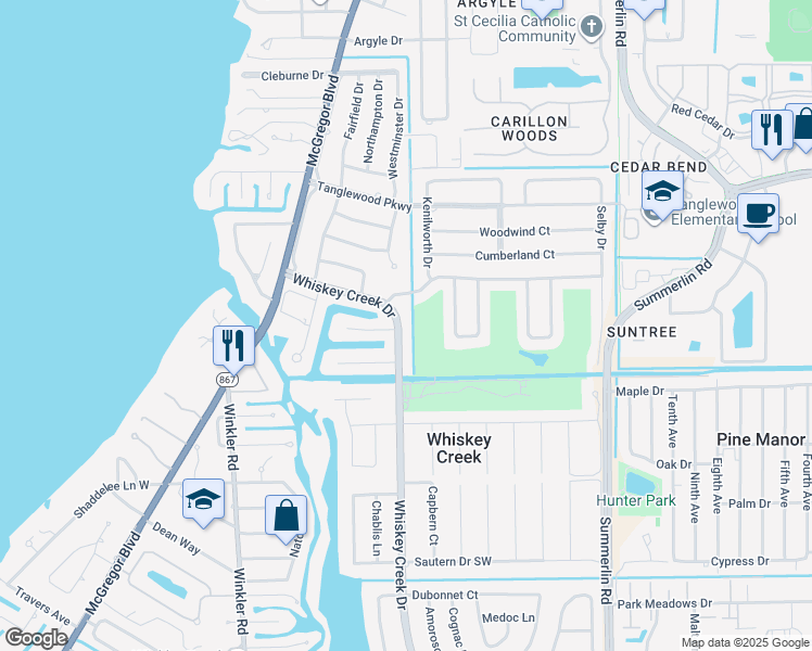 map of restaurants, bars, coffee shops, grocery stores, and more near 1405 Whiskey Creek Drive in Fort Myers