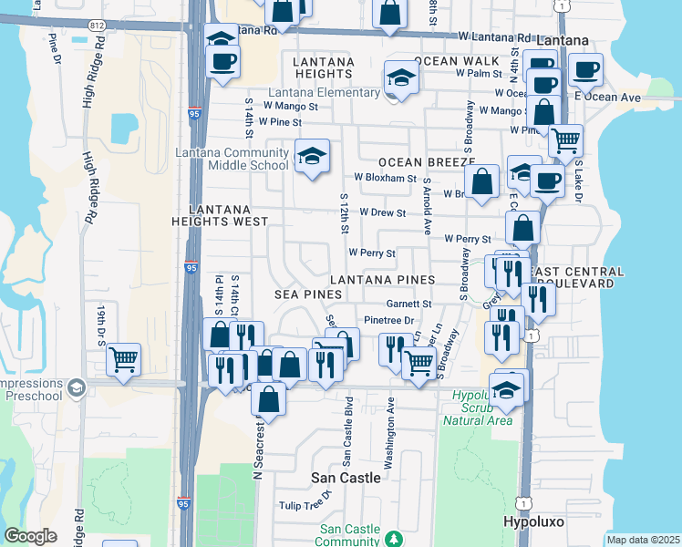 map of restaurants, bars, coffee shops, grocery stores, and more near 803 South 12th Street in Lantana
