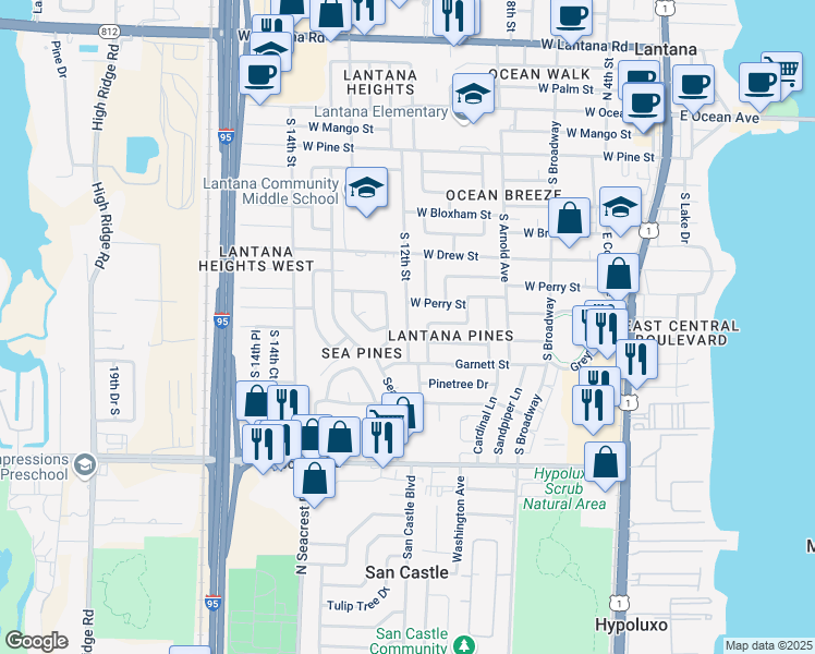map of restaurants, bars, coffee shops, grocery stores, and more near 803 South 12th Street in Lantana