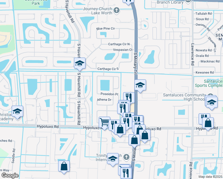 map of restaurants, bars, coffee shops, grocery stores, and more near 6645 Athena Drive in Lake Worth