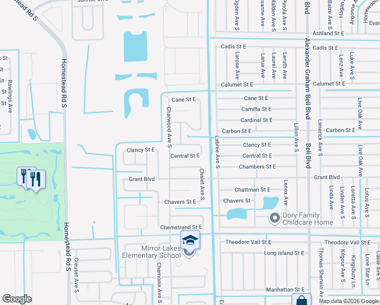 map of restaurants, bars, coffee shops, grocery stores, and more near 647 Central Street East in Lehigh Acres