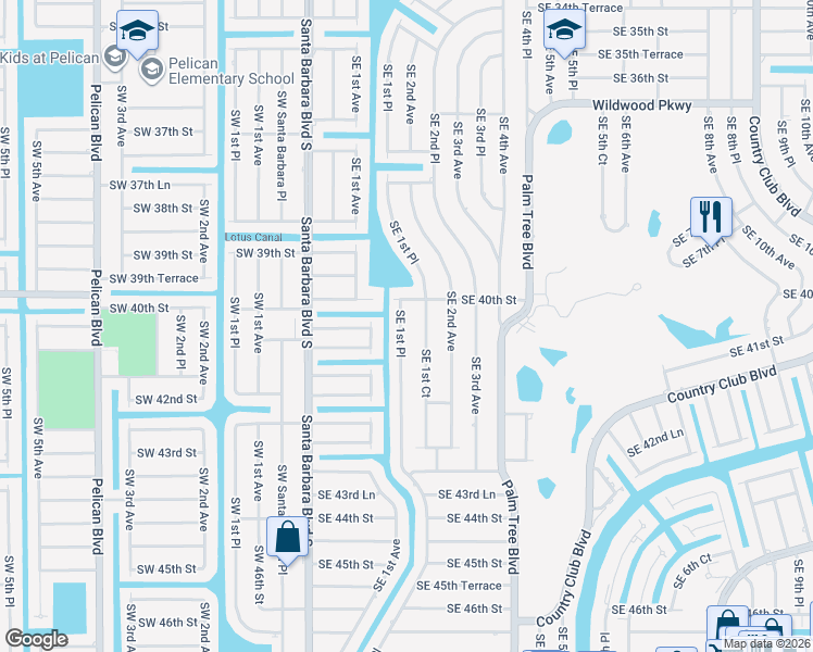 map of restaurants, bars, coffee shops, grocery stores, and more near 4015 Southeast 1st Place in Cape Coral