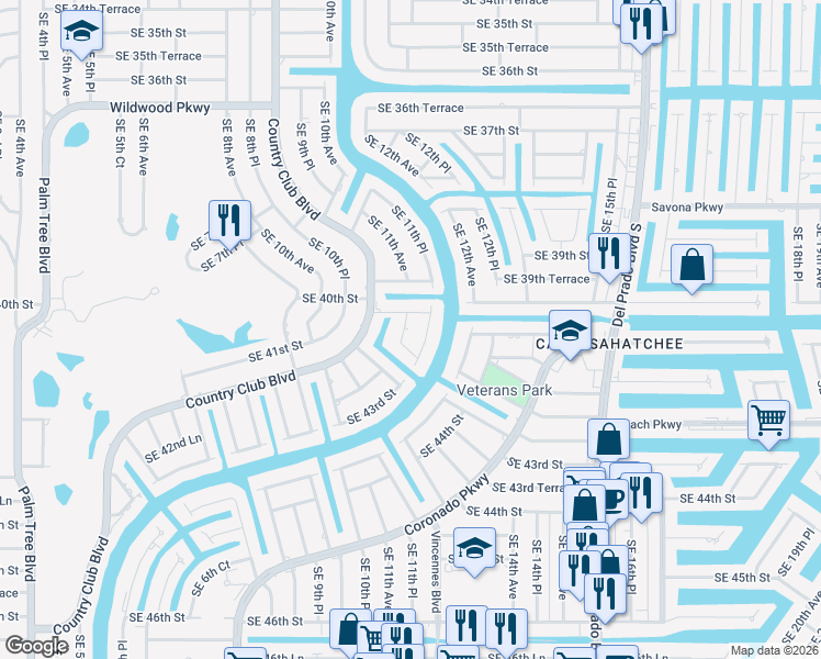 map of restaurants, bars, coffee shops, grocery stores, and more near 4009 Southeast 11th Avenue in Cape Coral