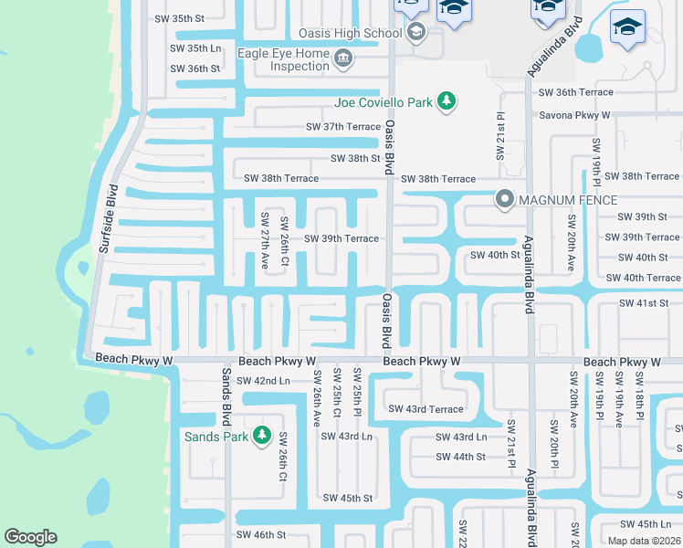 map of restaurants, bars, coffee shops, grocery stores, and more near 4013 Southwest 25th Court in Cape Coral