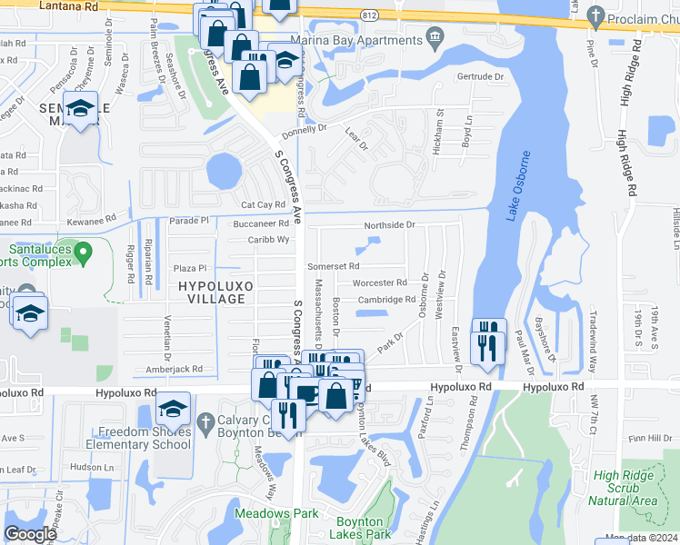 map of restaurants, bars, coffee shops, grocery stores, and more near 6674 Boston Drive in Lake Worth