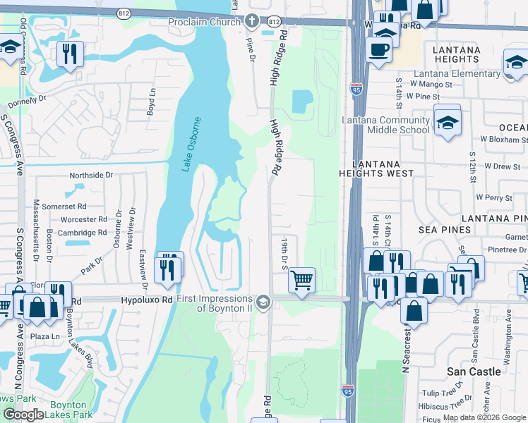 map of restaurants, bars, coffee shops, grocery stores, and more near 6699 High Ridge Road in Lake Worth