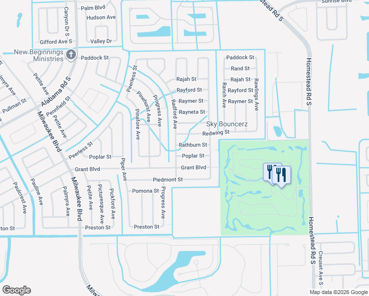map of restaurants, bars, coffee shops, grocery stores, and more near 438 Rathburn Street in Lehigh Acres