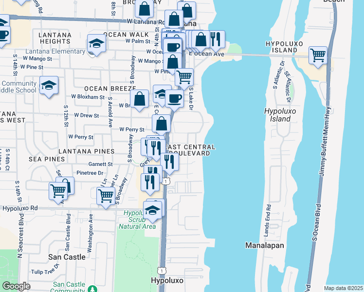 map of restaurants, bars, coffee shops, grocery stores, and more near 130 Milton Street in Lantana