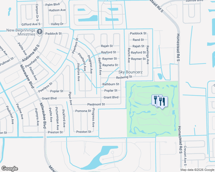 map of restaurants, bars, coffee shops, grocery stores, and more near 438 Rathburn Street in Lehigh Acres