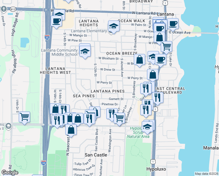 map of restaurants, bars, coffee shops, grocery stores, and more near 820 South 10th Street in Lantana