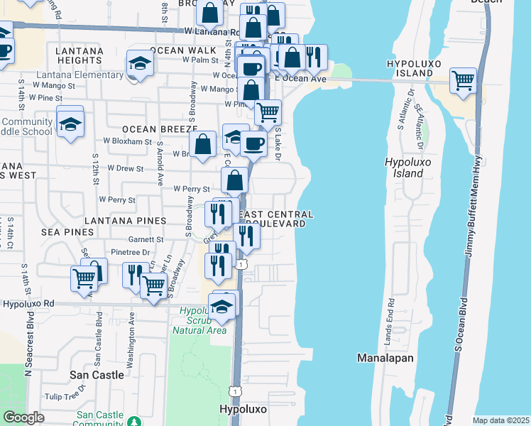 map of restaurants, bars, coffee shops, grocery stores, and more near 130 Milton Street in Lantana