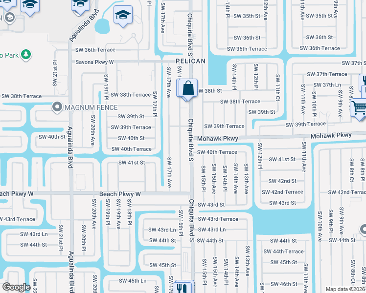 map of restaurants, bars, coffee shops, grocery stores, and more near 4008 Southwest 16th Place in Cape Coral