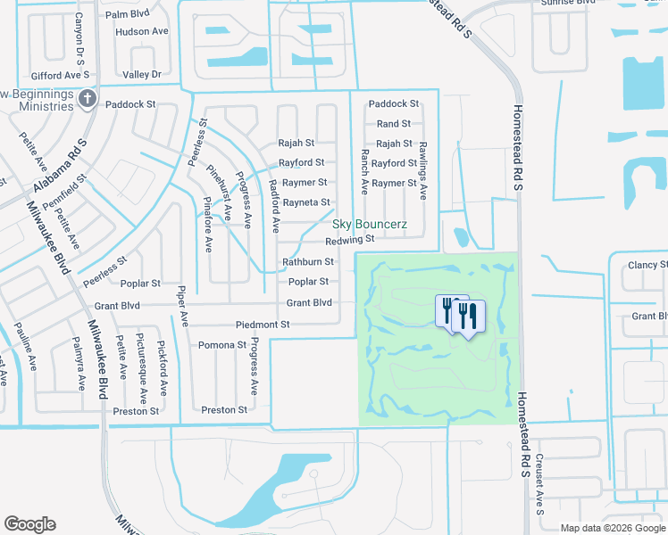 map of restaurants, bars, coffee shops, grocery stores, and more near 450 Rathburn Street in Lehigh Acres