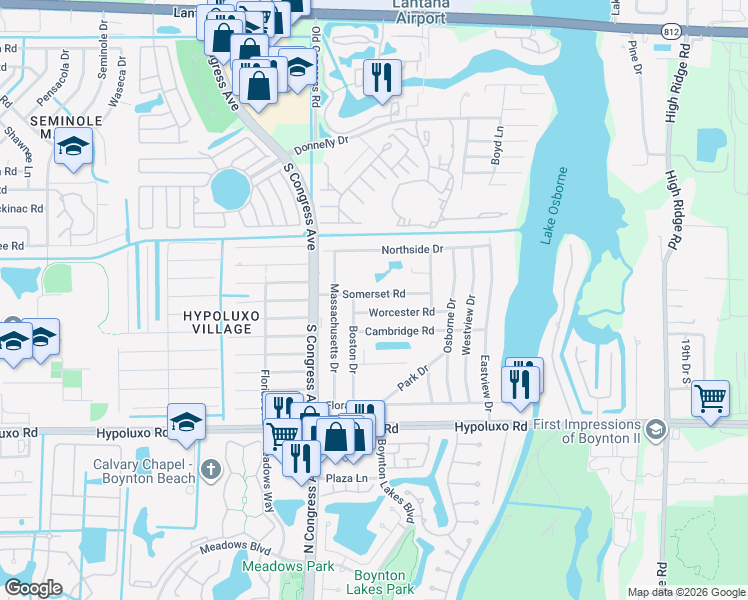 map of restaurants, bars, coffee shops, grocery stores, and more near 2800 Somerset Road in Lake Worth