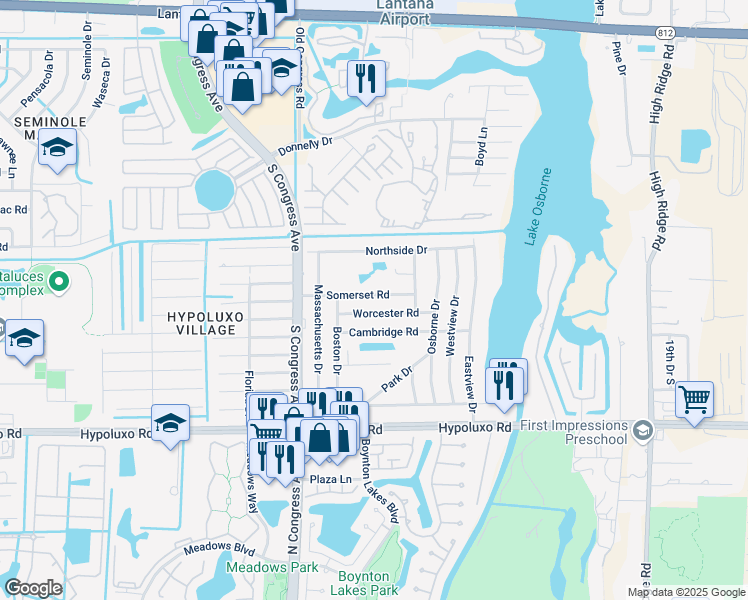map of restaurants, bars, coffee shops, grocery stores, and more near 2800 Somerset Road in Lake Worth