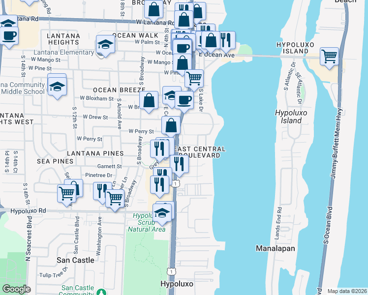 map of restaurants, bars, coffee shops, grocery stores, and more near 130 Milton Street in Lantana