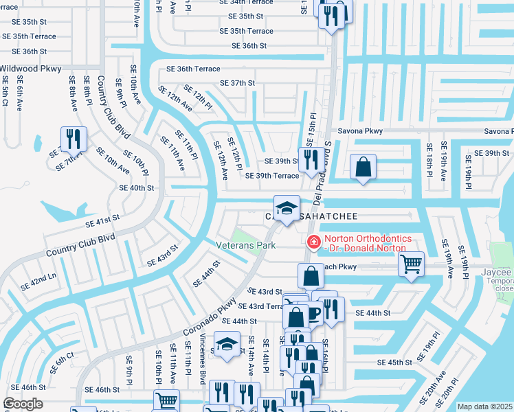 map of restaurants, bars, coffee shops, grocery stores, and more near 107 Southeast 40th Terrace in Cape Coral