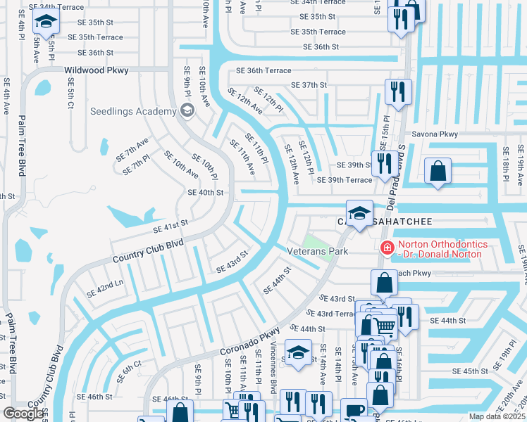 map of restaurants, bars, coffee shops, grocery stores, and more near 4009 Southeast 11th Avenue in Cape Coral