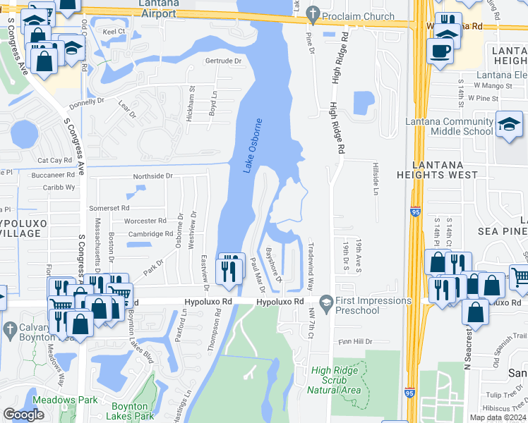 map of restaurants, bars, coffee shops, grocery stores, and more near 6670 Paul Mar Drive in Lake Worth