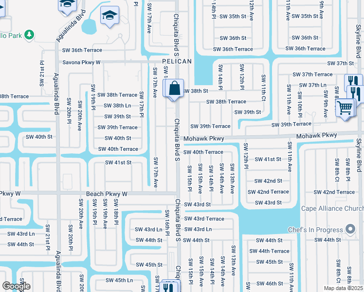 map of restaurants, bars, coffee shops, grocery stores, and more near 4009 Chiquita Boulevard South in Cape Coral