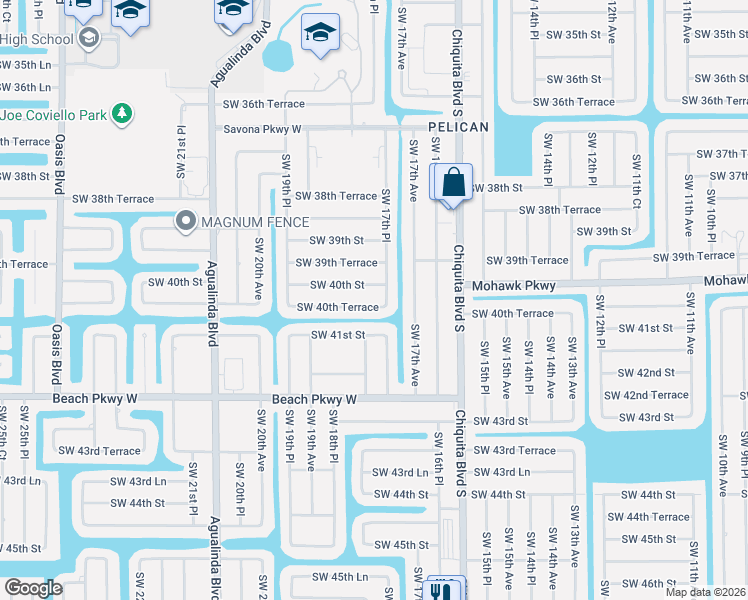 map of restaurants, bars, coffee shops, grocery stores, and more near 1803 Southwest 40th Terrace in Cape Coral