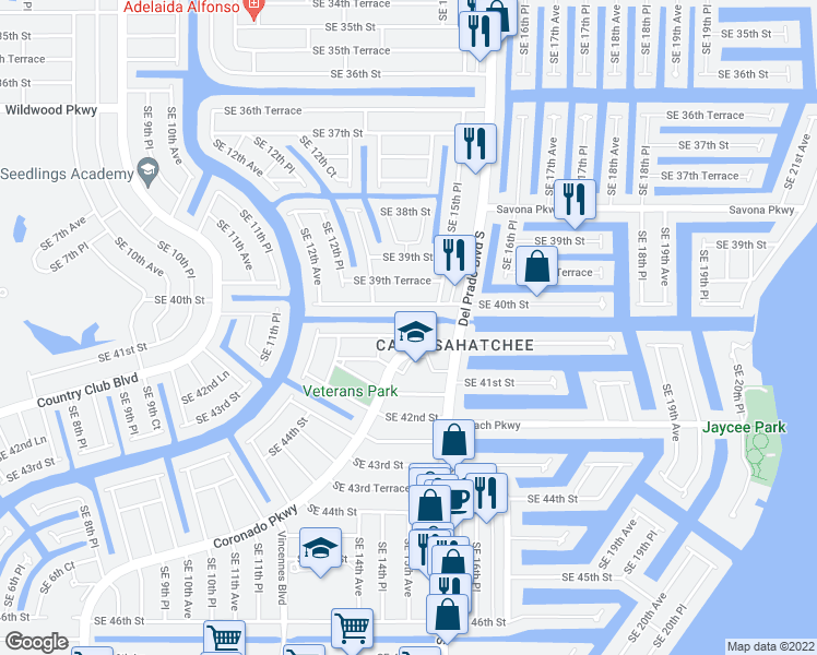 map of restaurants, bars, coffee shops, grocery stores, and more near 4014 Coronado Parkway in Cape Coral