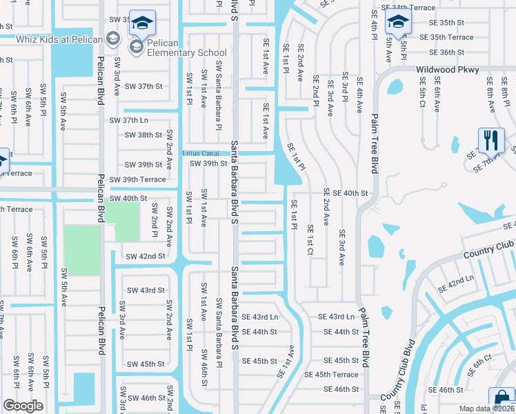 map of restaurants, bars, coffee shops, grocery stores, and more near 105 Southeast 40th Terrace in Cape Coral