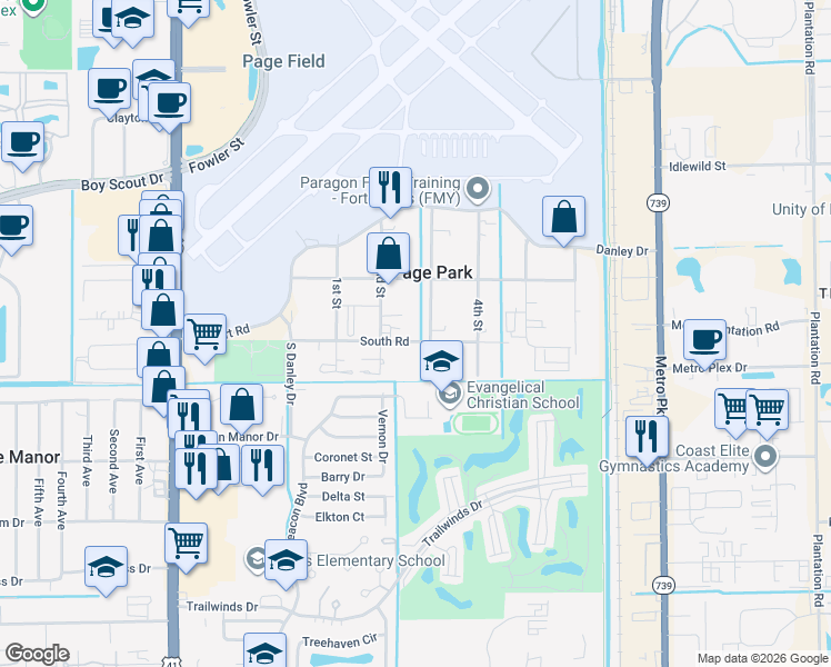 map of restaurants, bars, coffee shops, grocery stores, and more near 309 South Road in Fort Myers