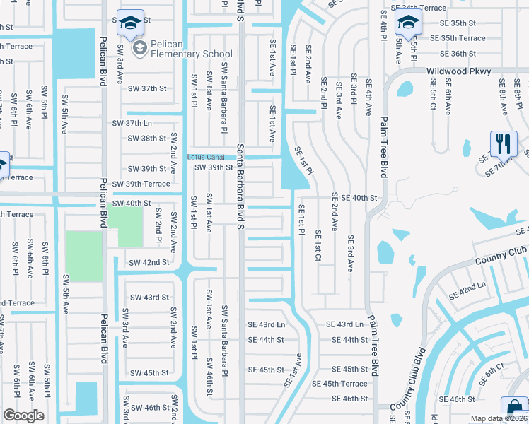 map of restaurants, bars, coffee shops, grocery stores, and more near 117 Southeast 40th Terrace in Cape Coral