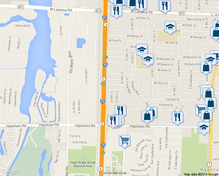 map of restaurants, bars, coffee shops, grocery stores, and more near 1445 West Central Street in Lantana