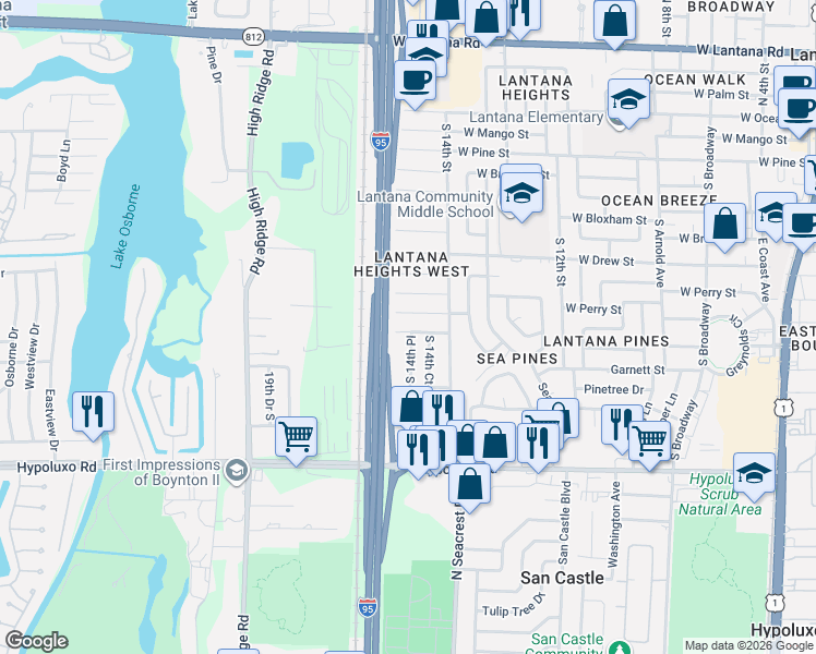 map of restaurants, bars, coffee shops, grocery stores, and more near 1445 West Central Street in Lantana