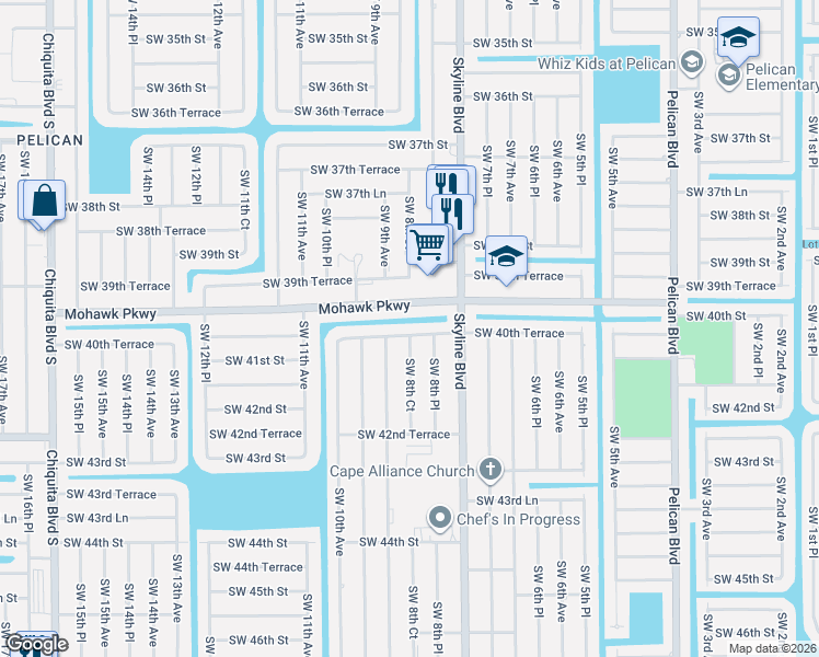 map of restaurants, bars, coffee shops, grocery stores, and more near 829 Southwest 40th Terrace in Cape Coral