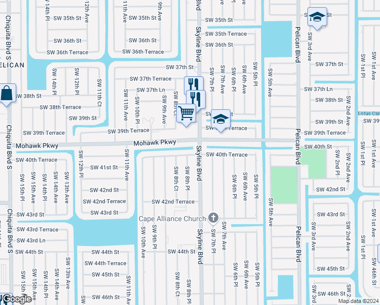 map of restaurants, bars, coffee shops, grocery stores, and more near 811 Southwest 40th Terrace in Cape Coral