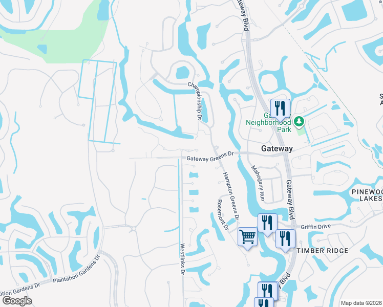 map of restaurants, bars, coffee shops, grocery stores, and more near 12030 Champions Green Way in Fort Myers
