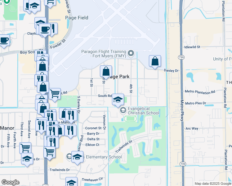 map of restaurants, bars, coffee shops, grocery stores, and more near 309 South Road in Fort Myers