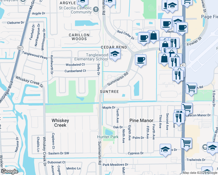 map of restaurants, bars, coffee shops, grocery stores, and more near 311 Summerlin Road in Fort Myers