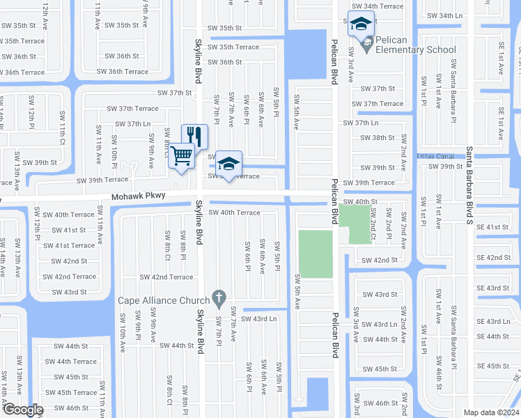 map of restaurants, bars, coffee shops, grocery stores, and more near 531 Southwest 40th Terrace in Cape Coral