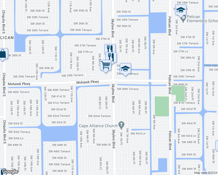 map of restaurants, bars, coffee shops, grocery stores, and more near 811 Southwest 40th Terrace in Cape Coral