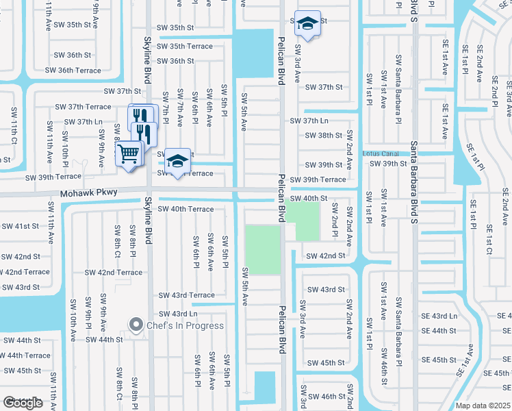 map of restaurants, bars, coffee shops, grocery stores, and more near 423 Southwest 40th Terrace in Cape Coral