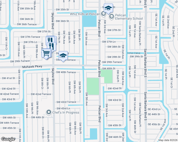 map of restaurants, bars, coffee shops, grocery stores, and more near 423 Southwest 40th Terrace in Cape Coral