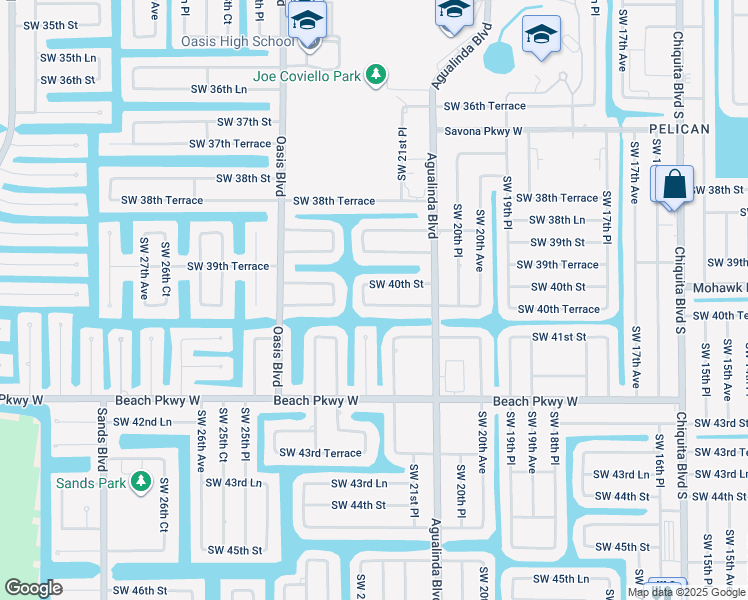 map of restaurants, bars, coffee shops, grocery stores, and more near 2205 Southwest 40th Terrace in Cape Coral