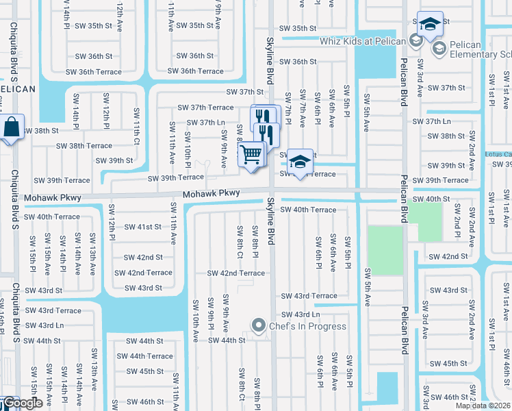 map of restaurants, bars, coffee shops, grocery stores, and more near 811 Southwest 40th Terrace in Cape Coral