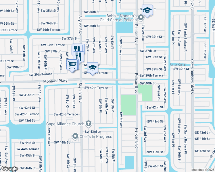 map of restaurants, bars, coffee shops, grocery stores, and more near 531 Southwest 40th Terrace in Cape Coral