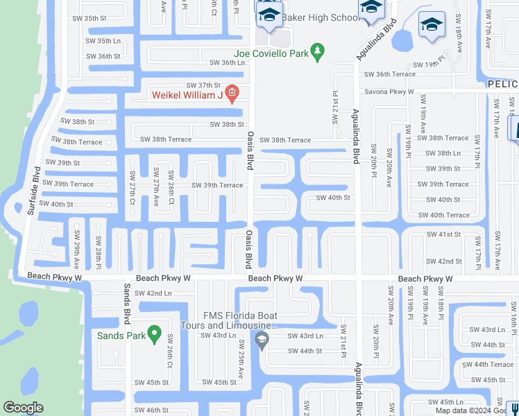 map of restaurants, bars, coffee shops, grocery stores, and more near 2409 Southwest 40th Terrace in Cape Coral