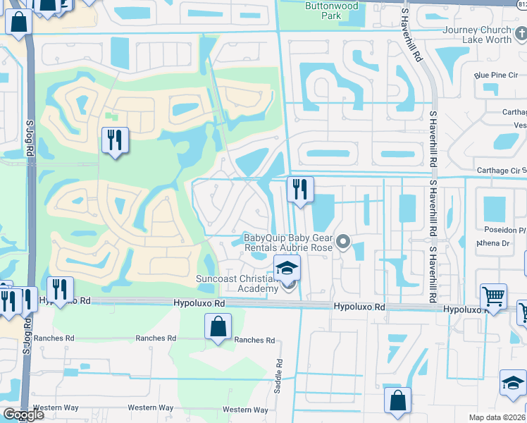 map of restaurants, bars, coffee shops, grocery stores, and more near 5655 La Quinta Court in Lake Worth