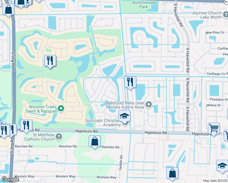 map of restaurants, bars, coffee shops, grocery stores, and more near 5608 La Quinta Court in Lake Worth